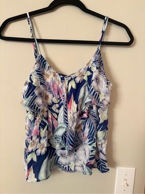 American Eagle Small Navy Floral Ruffle Cami Top